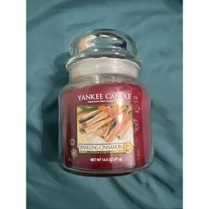 YANKEE‎ CANDLE Sparkling Cinnamon 14.5oz 1 Wick Medium Jar Red Lightly Burned
